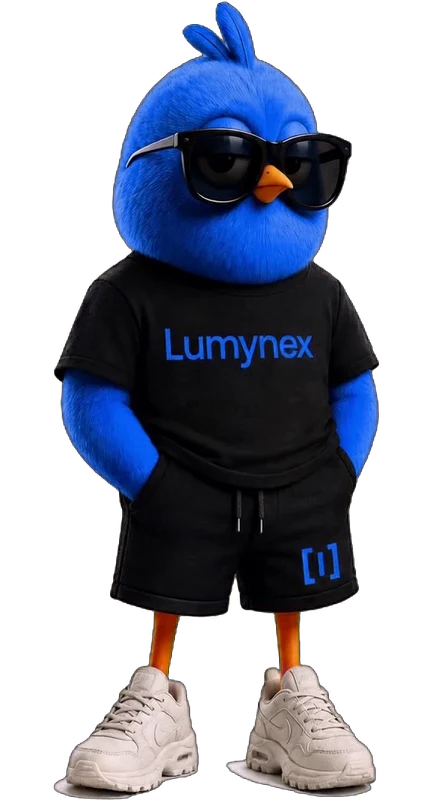 Lumy, the Lumynex mascot: a blue bird in sunglasses wearing a Lumynex T-shirt